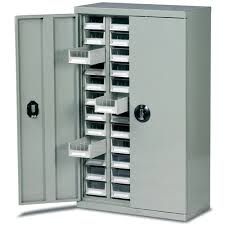 ABS plastic drawers in steel cabinet with doors - 48 grey drawers